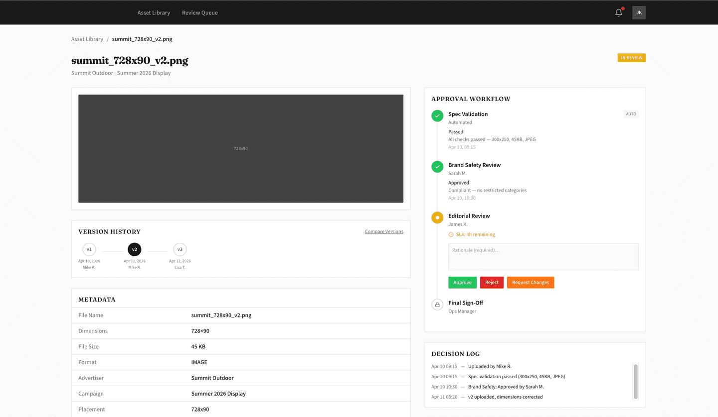 Creative asset management platform — asset detail with approval workflow stepper and decision log