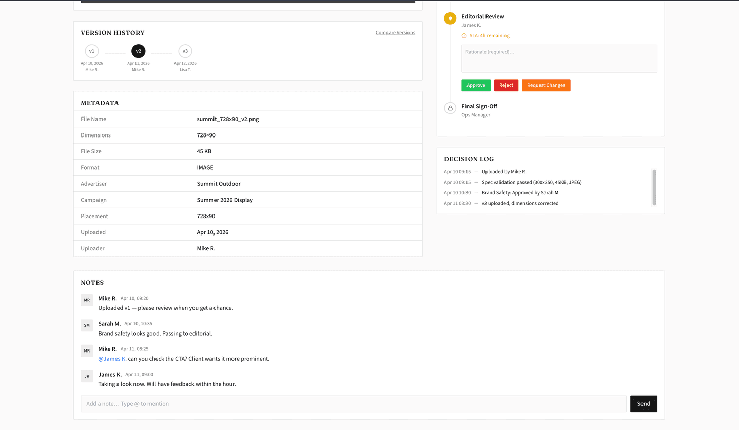 Creative asset management platform — asset metadata, version history, and threaded notes