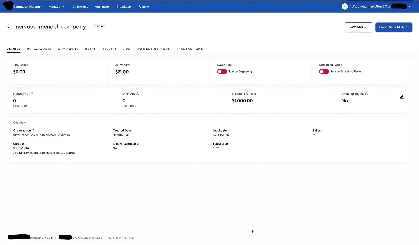 Self-service ad platform home dashboard