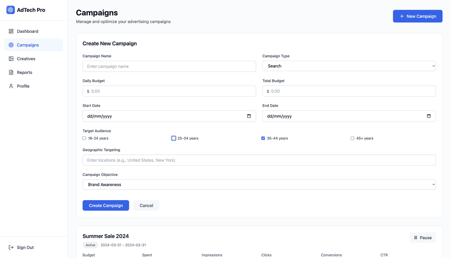 High-frequency DSP accelerated programmatic buying for AdTech Pro - create campaign