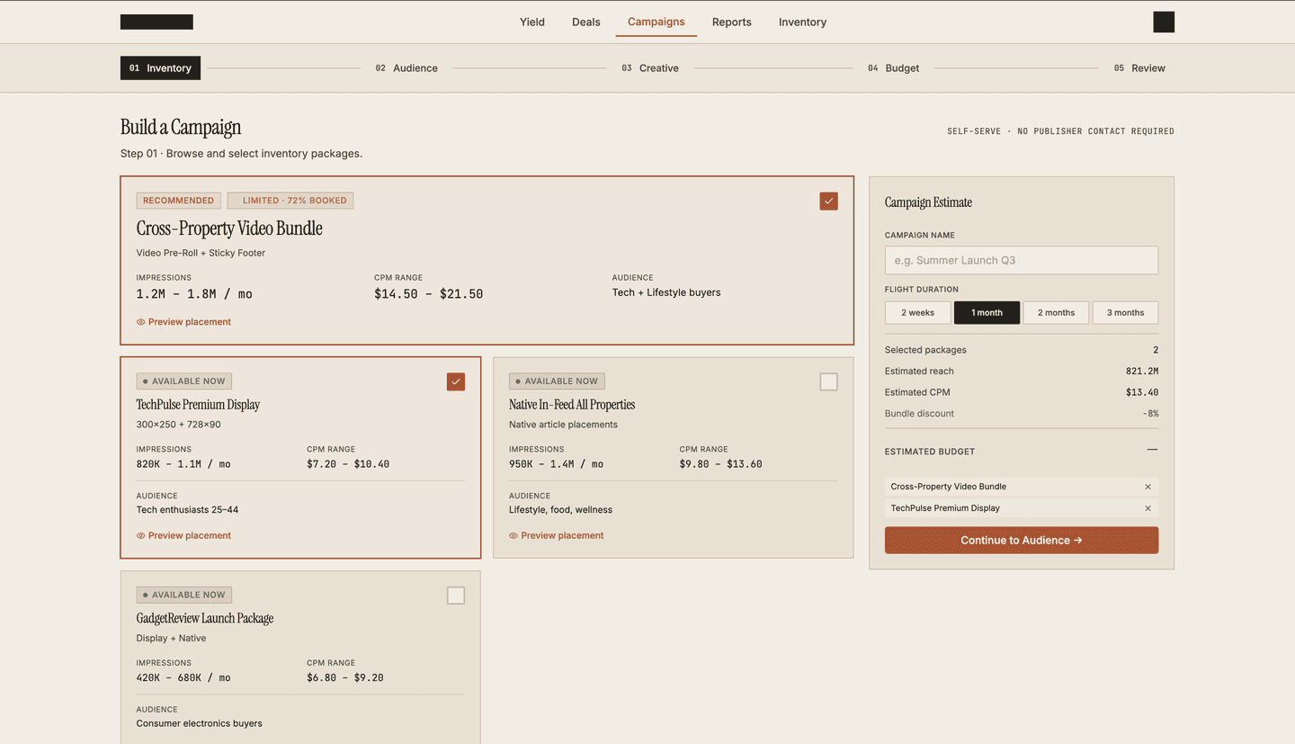 Owned monetization platform - campaign builder inventory package selection