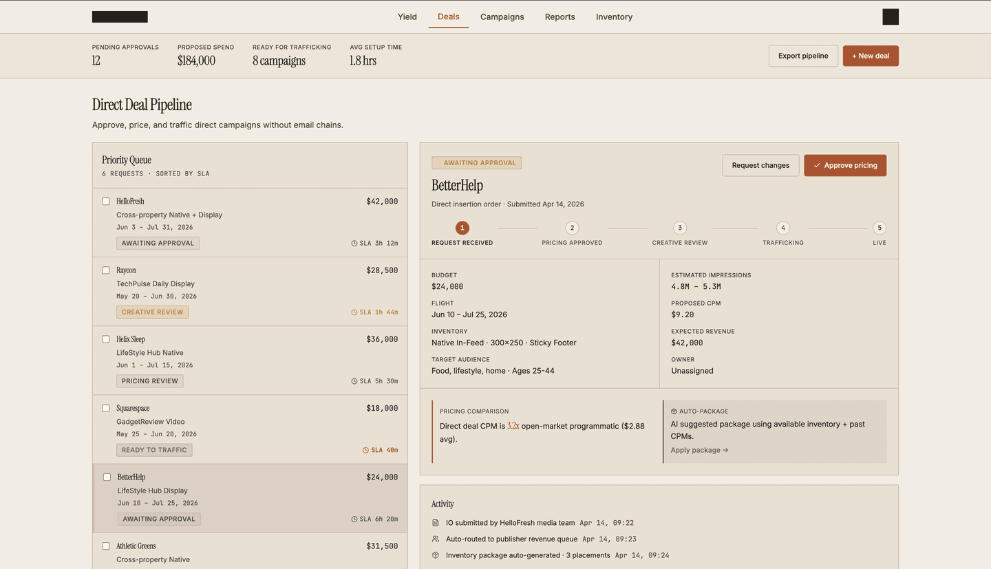 Owned monetization platform - direct deal pipeline and approval workflow