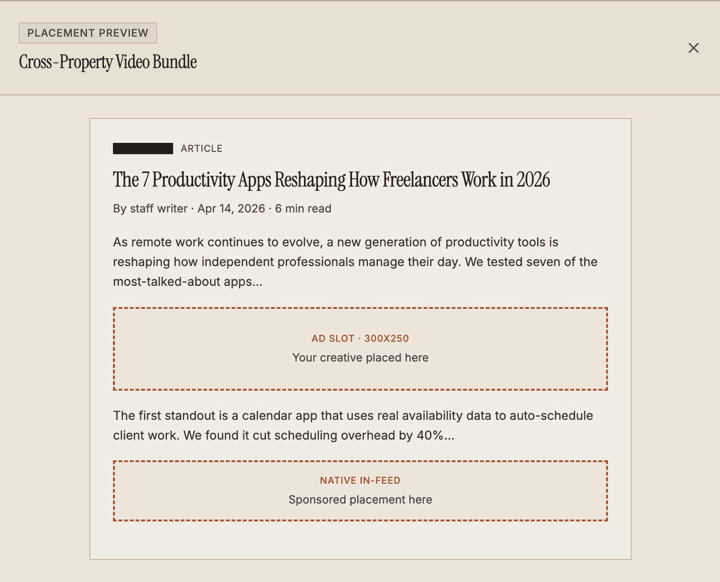 Owned monetization platform - placement preview for direct campaign package