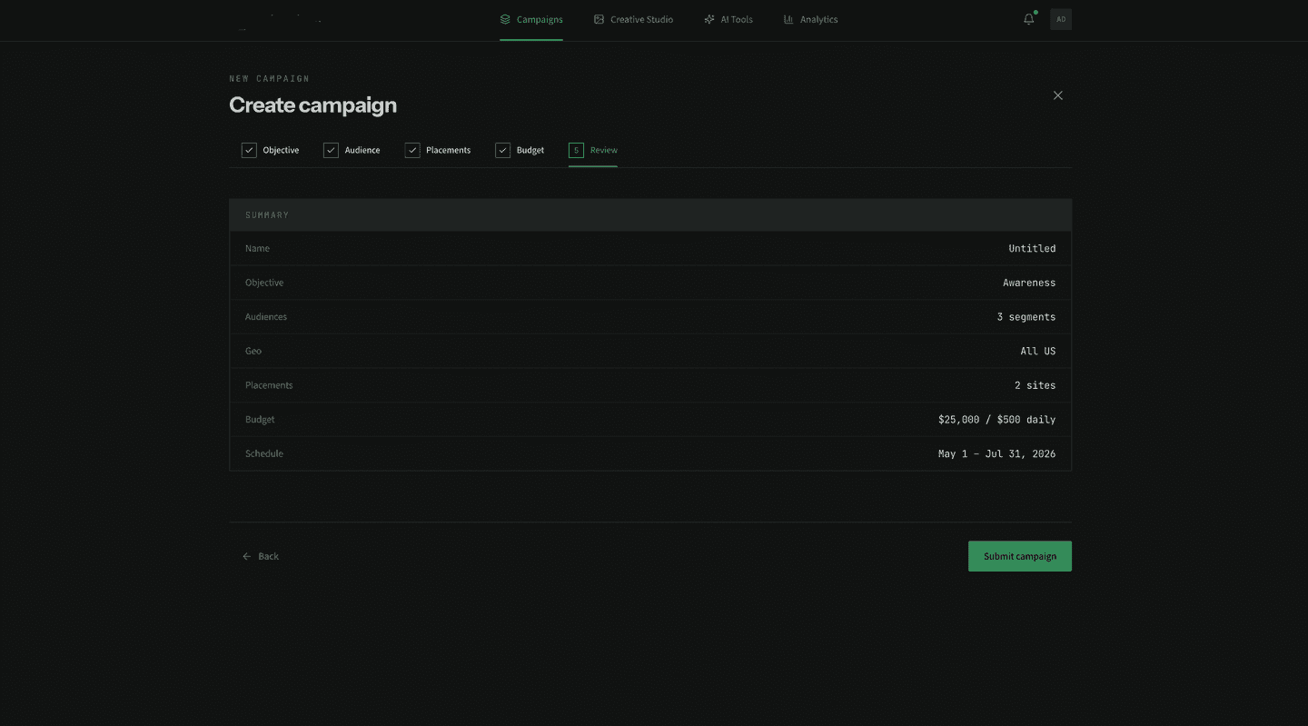 Self-serve creative ad platform — campaign builder wizard review step