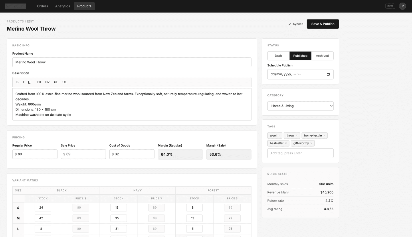 Custom backoffice platform streamlined operations for a mid-market US eCommerce brand - products