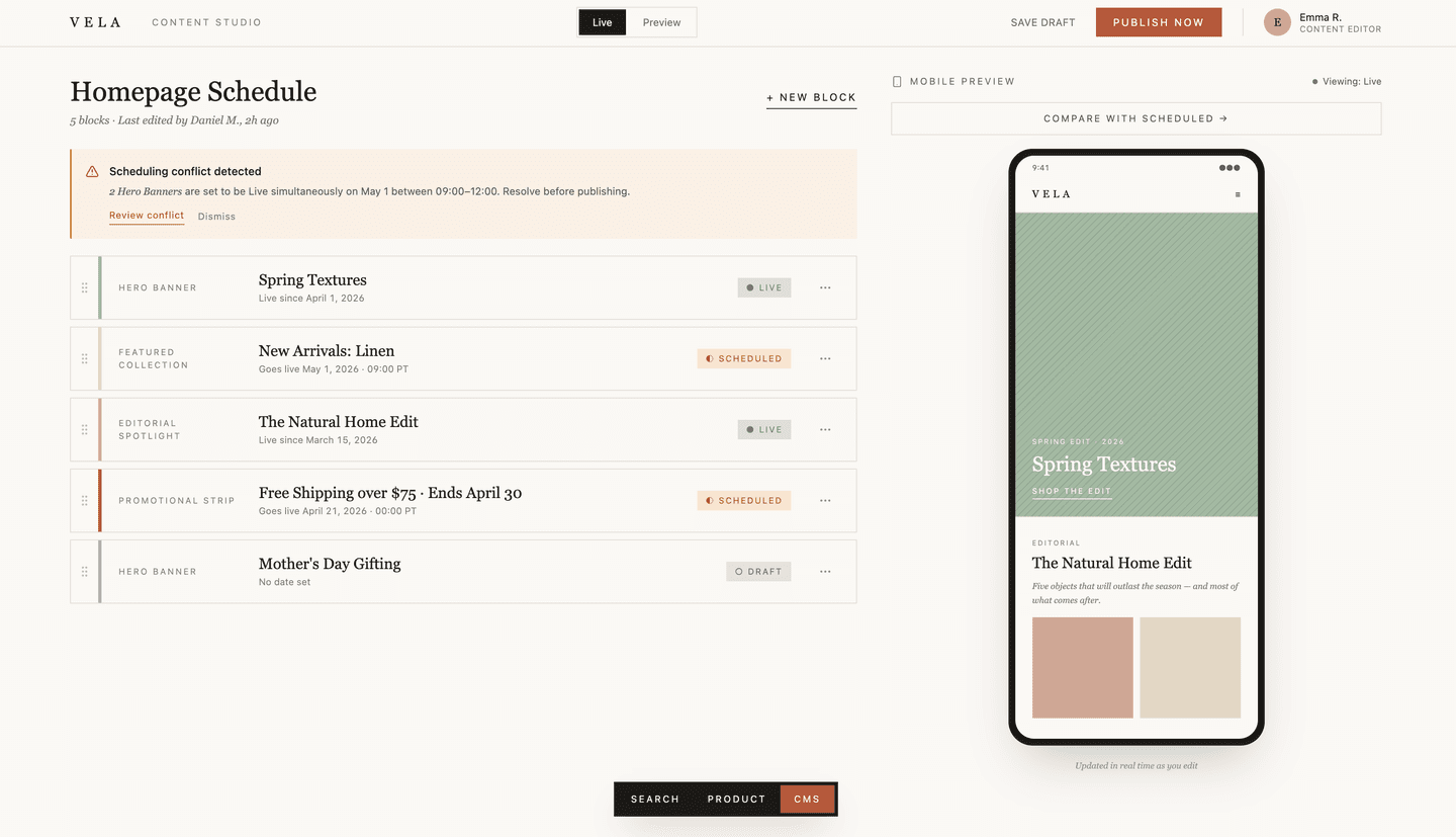 Vela CMS editor — Homepage Schedule with scheduling conflict detection and mobile preview