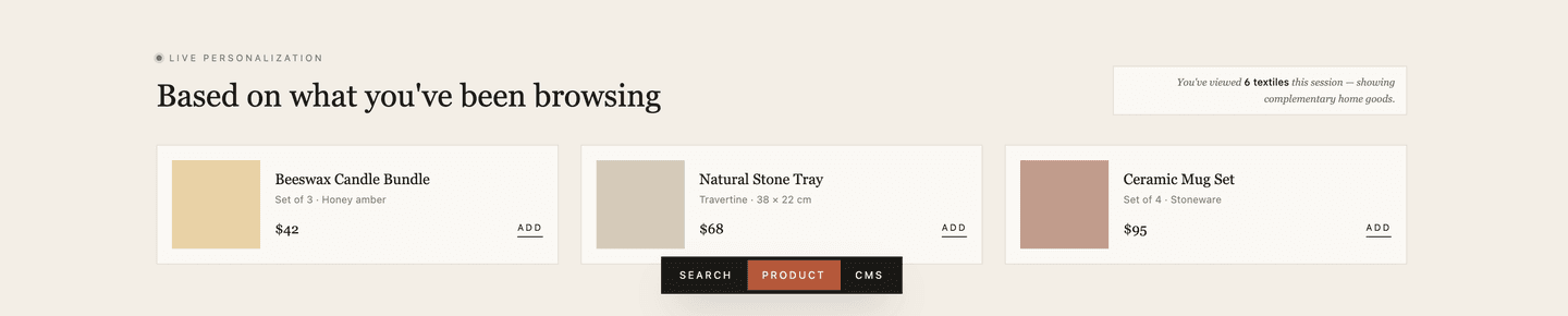 Vela live personalization — AI-driven cross-sell panel showing complementary home goods based on session behavior