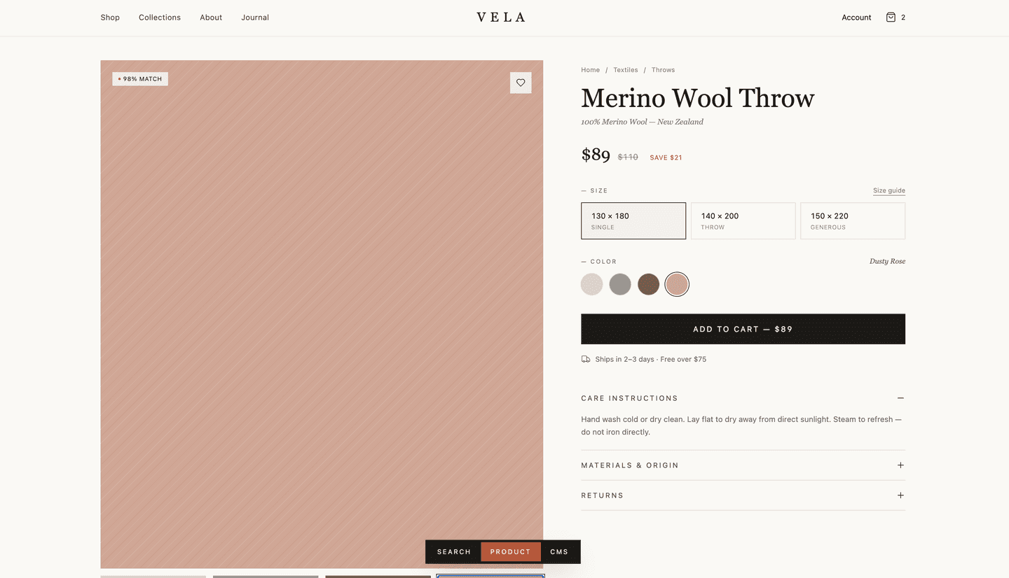 Vela product detail page — Merino Wool Throw with size selector, color swatches, and add to cart