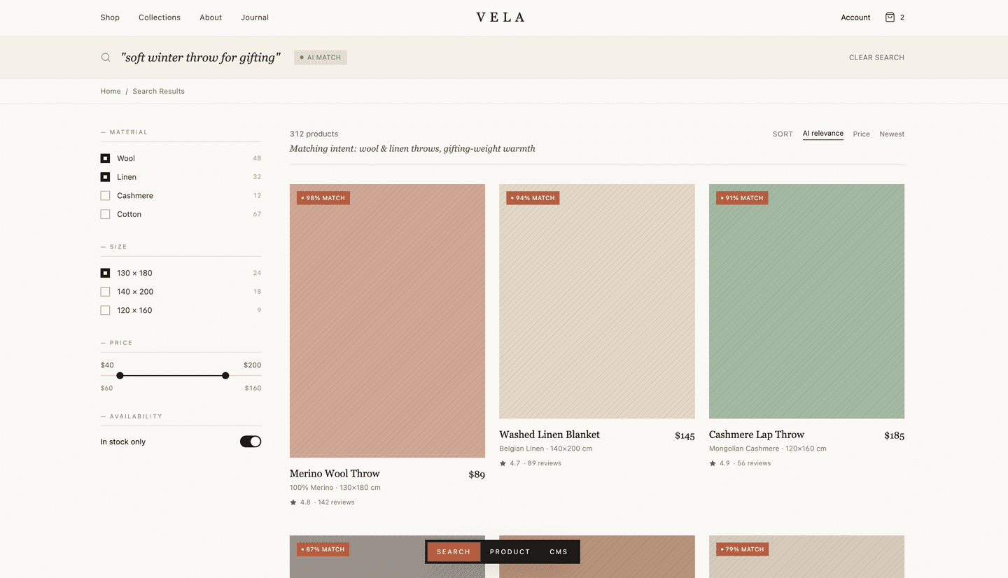 Vela AI search results page showing semantic query matching and product grid