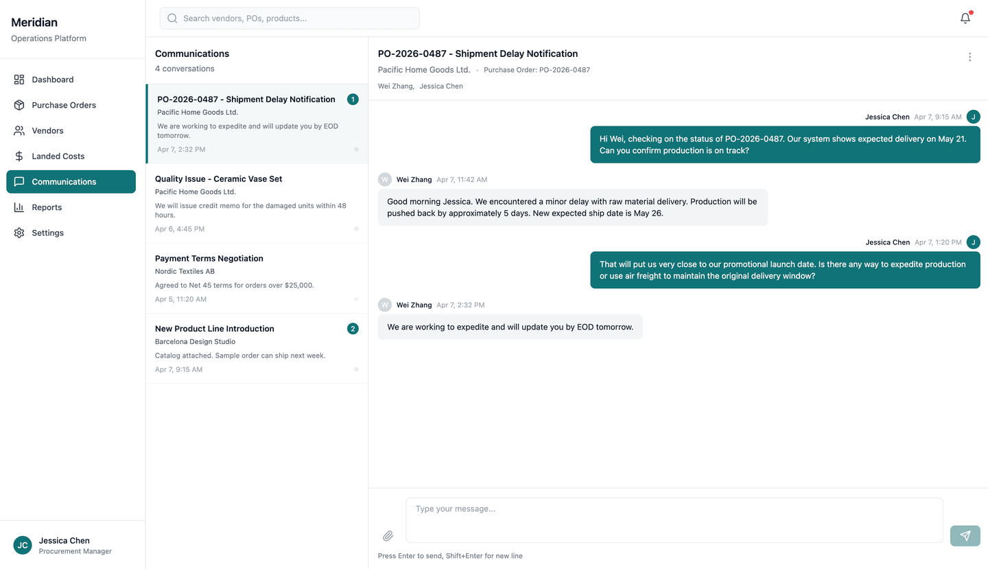 Meridian vendor procurement platform - Supplier communications