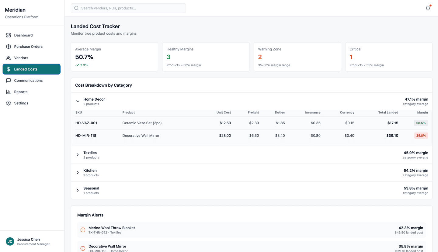 Meridian vendor procurement platform - Landed cost tracker