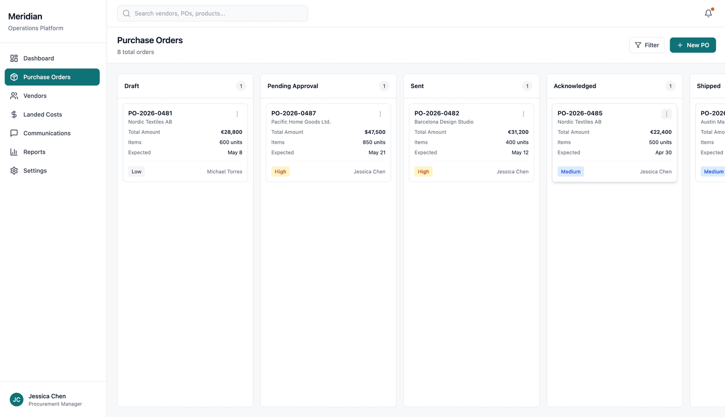 Meridian vendor procurement platform - Purchase orders kanban