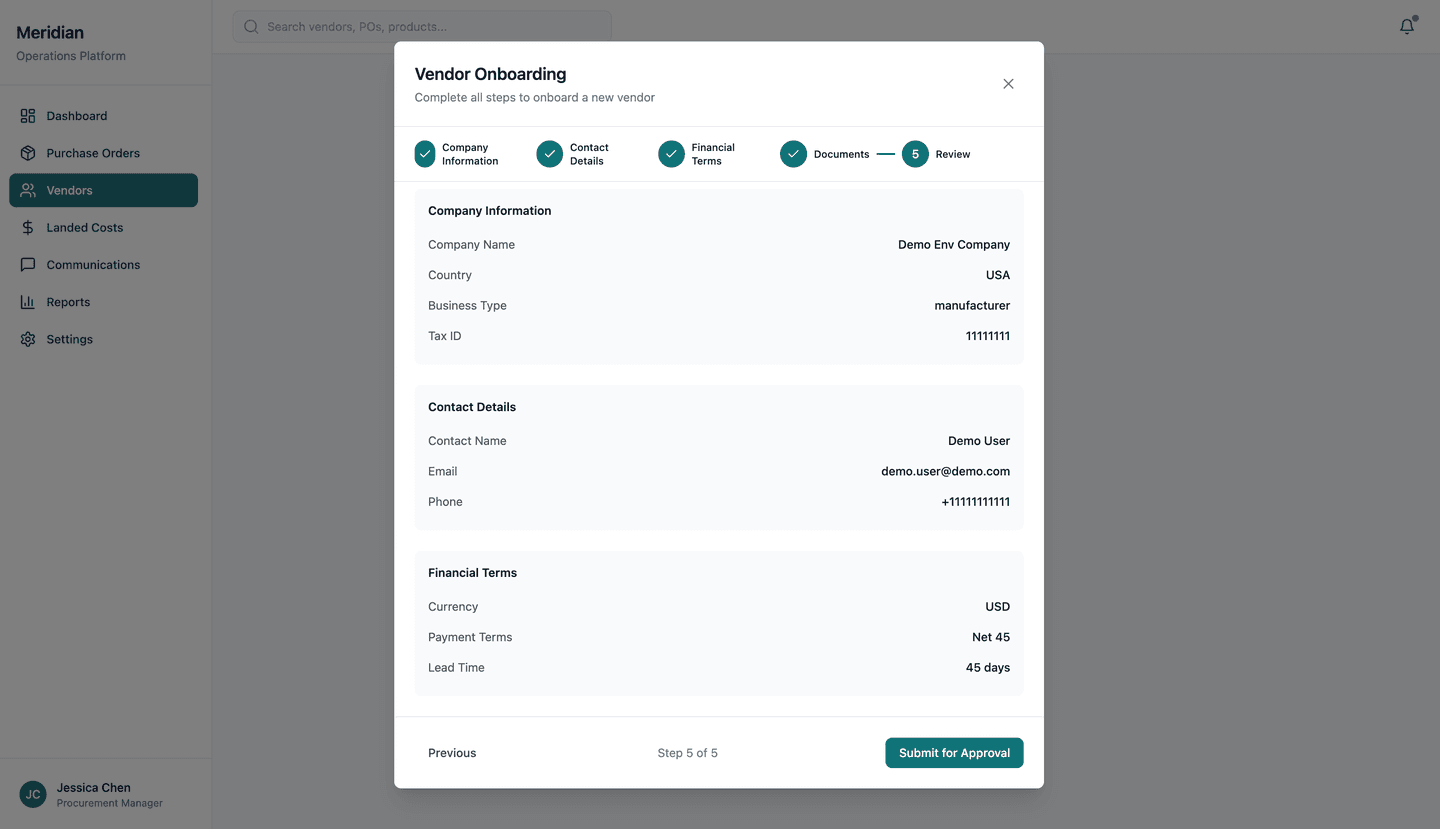 Meridian vendor procurement platform - Vendor onboarding flow