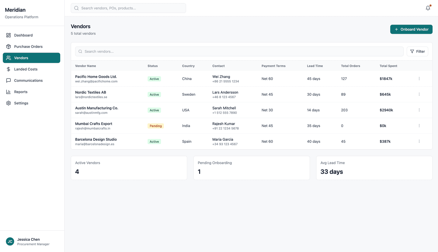 Meridian vendor procurement platform - Vendor management