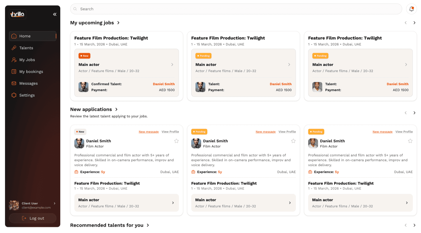 Client dashboard with upcoming jobs and talent applications