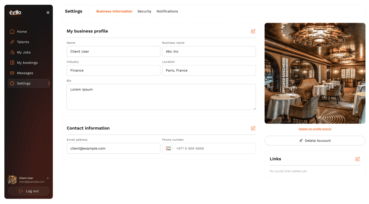 Business profile and settings management